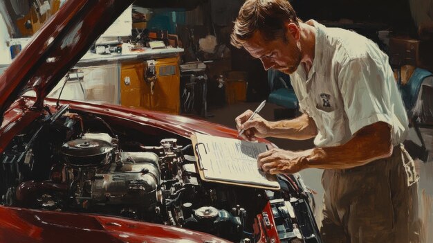 mechanic writing a report for a broken car